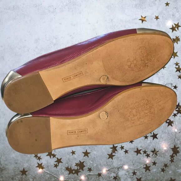 Vince Camuto Cap Toe Flat Sz 7.5 M Red Wine Leather Gold Flash Toe Holiday Ready - Picture 6 of 8